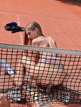 Sporty blonde Tiffany Tatum gets banged on the court by her tennis instructor