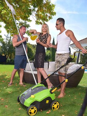 Blonde housewife Kitana Lure does a DP in the yard with the maintenance men