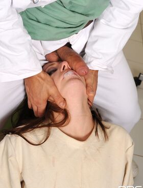 Brunette Samantha Bentley gets a deepthroat BDSM face fuck from her doctor