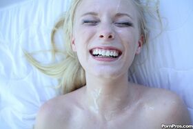 18 year old blonde wears jizz on her face after BDSM games with man friend
