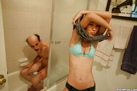 Asian teen babe Amai Liu gets in the bath with an oldman and has sex