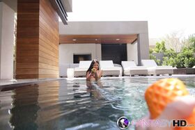 Latina sexpot Michelle Martinez gives in-pool POV blowjob & rides big rod