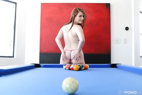 Solo girl Karlie Brooks stripping naked on top of pool table