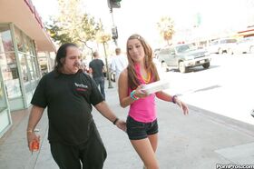 Young white girl has sex with famous male pornstar Ron Jeremy in knee socks