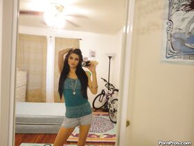 Slender female Zoey Kush ditching her shorts and top while taking selfies