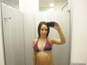 Bad girl Jada Stevens taking selfies in mirror as she peels off her bikini