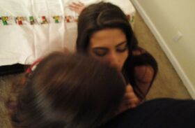 Young Latina girls Allie Jordan and Ashlyn Rae suck dick and kiss on lips
