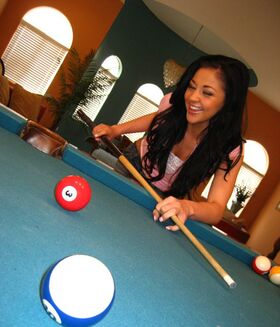 Amateur babe Audrey Bitoni shows her shaved cunt on the pool table
