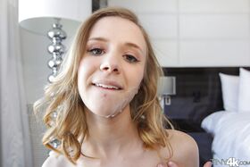 Tiny tits Rachel James is sucking a cock to receive cum on her face