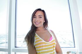 Petite brunette Kaylee Haze undresses her sexy and tiny booty