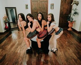 Brunette lesbian Abbie Maley & her friends pose in hot schoolgirl outfits