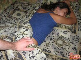 Sleeping teen is awakes during cunnilingus action before fucking her boyfriend