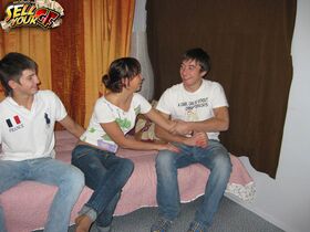 Brunette girlfriend gives her teen pussy to another boy while her guy watches