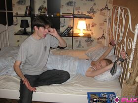 Sleeping Russian teen awakes to being fucked by her guy's friend