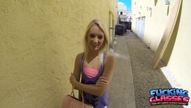 Innocent blonde Roxxi Silver gives a public blowjob and has POV sex