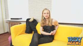 Young blond girl rides a cock while making her porn debut on the casting couch