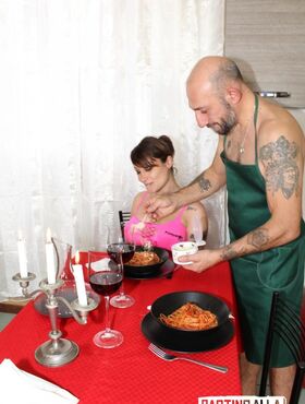 Hardcore slut in lace lingerie gets pussy fucked on table by tattooed chef
