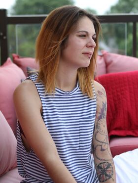Skinny tattooed amateur teen Madison rides condom wrapped cock on the veranda
