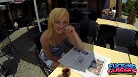 Blonde teen Iren exposes her tiny tits while enjoying a hot POV fuck in public