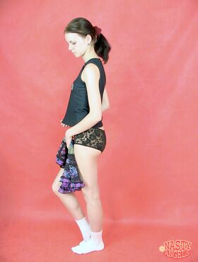 Petite brunette Katya strips black lace underwear to shoe teen pussy in socks