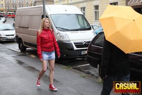 Blonde teen Violetta enjoys wild sex with a stud who shared his umbrella