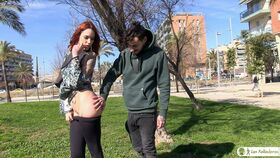 Slutty tattooed Spanish girl flashes small tits outdoors & has MMF threesome