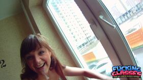 Amateur teen tourist Rina enjoying POV sex with a stranger in a public shower