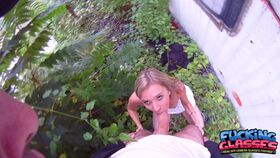 Cute blonde Angel Piaff gets fucked in POV after flashing tits in the garden