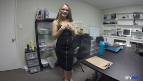 Ugly blonde office worker Monica Rise gives prospective employee POV blowjob