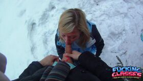 Blonde amateur teen gives an incredible blowjob in a car and in the snow