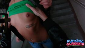 Brunette teen Kirsten gets picked up on a street and gets rammed in a hallway