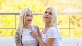 Blonde cutie-pies Lena Love and Arteya strip and taste each other's holes
