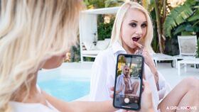 Hot lesbian blondes Lika Star & Marilyn Sugar lick each other's cunts poolside