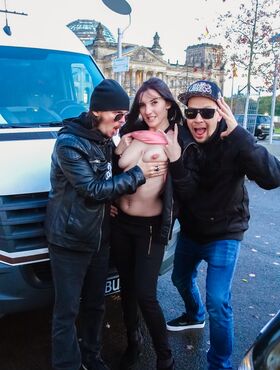 Petite brunette with big natural Alina Lamour gets banged inside a van