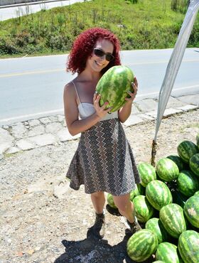 Ball licking redhead Latina enjoys some melon & fresh cum with her big cock