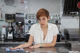 Cute redhead teen waitress Sandy Alser serves up steak & a blowjob topless