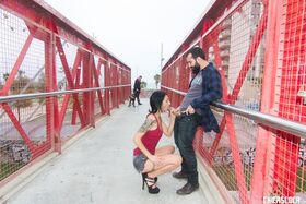 Skinny tattooed teen bangs a stranger & sucks his dick on a public bridge
