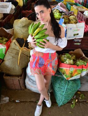 Hot Colombian market vendor flashes her shaved pussy in sexy lingerie