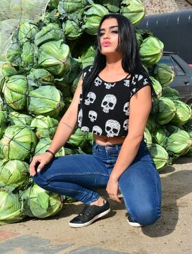 Latina slut Julia Cruz sucks off 2 guys she met at the vegetable market