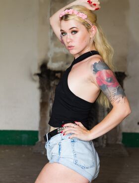 Tattooed young blonde stunner Misha Cross bangs big cock in abandoned building