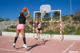 Sporty Jade Presley & Gala Brown play topless basketball & lick lesbian pussy
