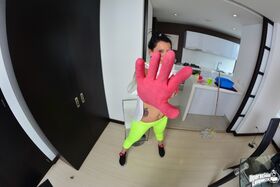 Sassy Latina maid Otalia Barrios fondles big tits close up in rubber gloves