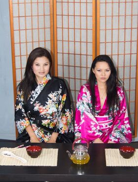 Asian lookers Miyuki Son & Lady Mae licking natural tits in satin robes