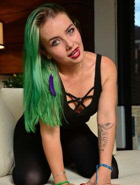 Green haired pierced teen sticks sweet Colombian ass in the air wearing thong