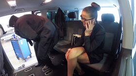 Glasses clad businesswoman gets a hard bang in backseat cab coupling