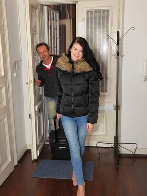 Mikes Apartment - Brunette amateur sheds jeans & gives handjob to get cum covered wearing heels