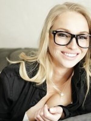 I Know That Girl - Blonde girl in glasses poses in sexy white underwear and long socks