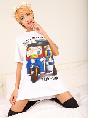 Tuk Tuk Patrol - Asian cutie Omsin poses for the camera in a shirt and knee socks