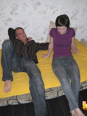 Young Sex Parties - Teen girls and their guy friend remove jeans before having a 3some on a bed